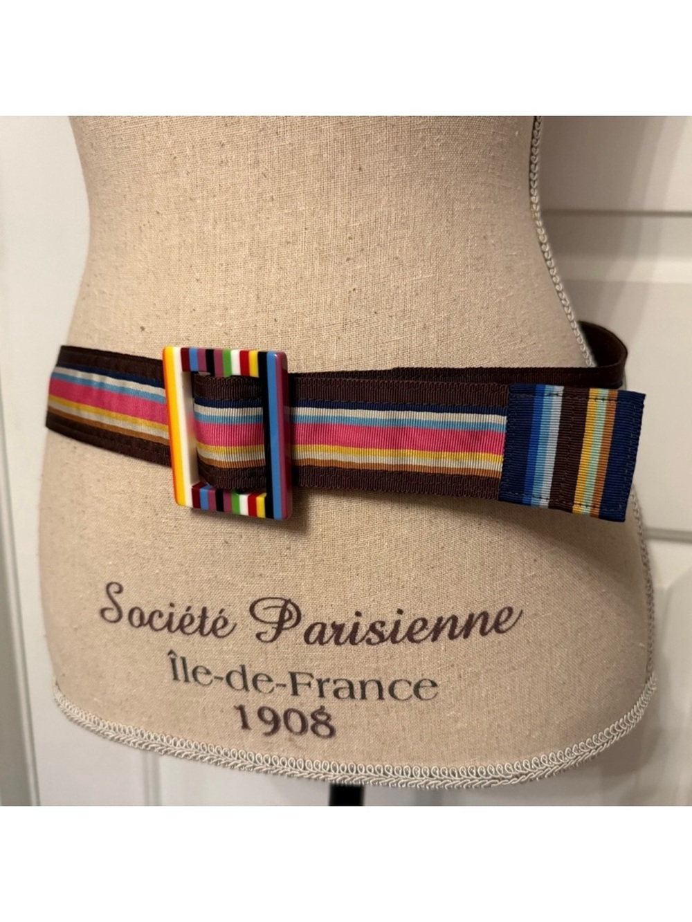 MARGOT BELT BROWN CANVAS MULTI COLOR GROSGRAIN RIBBON 38”